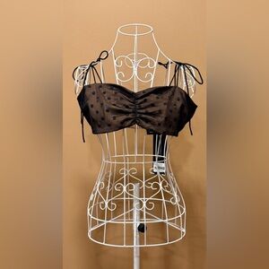 White Fox Boutique Polka Dot Mesh Crop Top Size XL Black Ruched Tie Strap NWT